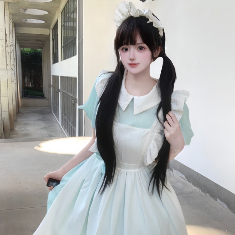 Long Pink White Maid Dress wit - Vintage Fashion Dresses recension och pris