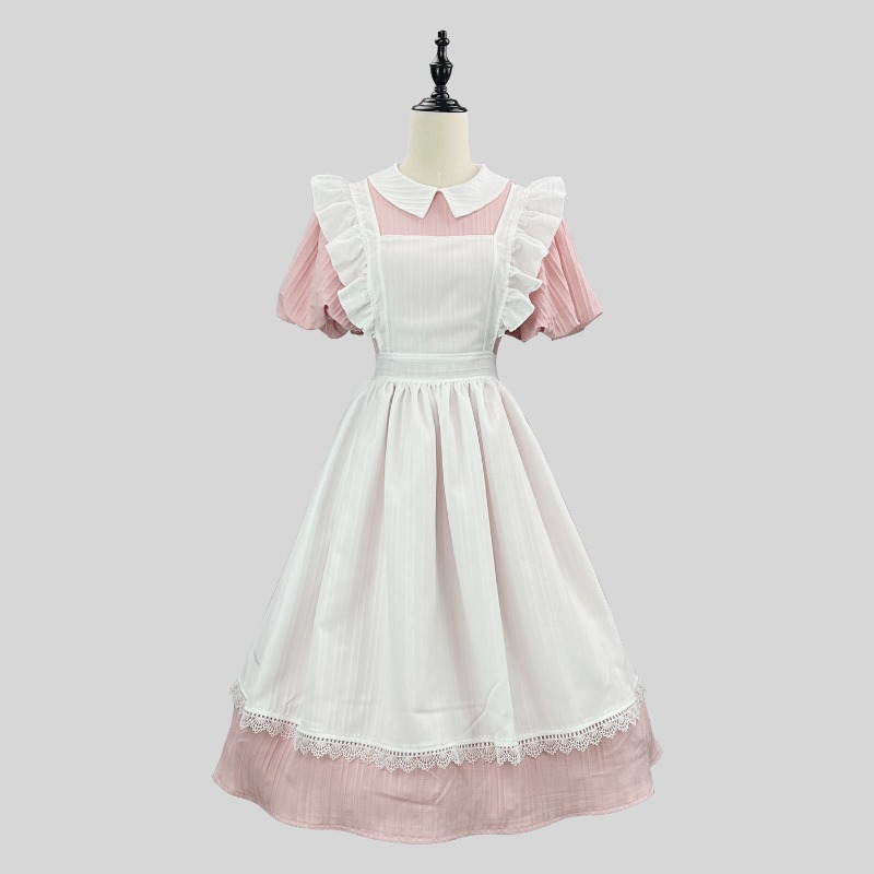 Long Pink White Maid Dress wit - Vintage Fashion Dresses recension och pris